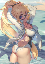Rule 34 | 1girl, adjusting hair, ass, backless outfit, beach, bespectacled, black-framed eyewear, blonde hair, blue eyes, breasts, collarbone, commentary request, competition swimsuit, day, fate/grand order, fate (series), glasses, jacket, jeanne d&#039;arc (fate), jeanne d&#039;arc (ruler) (fate), jeanne d&#039;arc (swimsuit archer) (fate), jeanne d&#039;arc (swimsuit archer) (second ascension) (fate), large breasts, long hair, looking at viewer, ocean, one-piece swimsuit, outdoors, partially submerged, ponytail, rotix, smile, solo, standing, swimsuit, very long hair, wading, whistle, whistle around neck, white jacket, white one-piece swimsuit