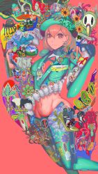 Rule 34 | 1girl, abstract, absurdres, aqua headwear, bird, bone, bug, cup, feet out of frame, fish, flower, hair between eyes, highres, holding, holding cup, leaf, looking at viewer, medium hair, midriff, navel, original, penguin, pink background, pink eyes, pink hair, plant, shrimp, smile, solo, togeairon, yellow flower