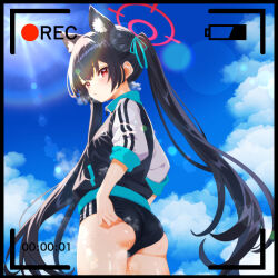 1girl adjusting_buruma adjusting_clothes alternate_costume animal_ear_fluff animal_ears ass battery_indicator black_buruma black_hair black_jacket blue_archive blue_ribbon blue_sky blush buruma cat_ears cat_girl commentary_request cowboy_shot day extra_ears from_behind gym_uniform hair_ribbon highres jacket lens_flare long_hair looking_at_viewer looking_back mutsuse outdoors recording red_eyes ribbon serika_(blue_archive) sky sleeves_rolled_up solo straight_hair sunlight sweat track_jacket twintails very_long_hair white_sleeves zipper