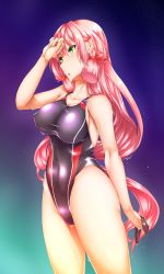 Rule 34 | 10s, 1girl, absurdres, akashi (kancolle), breasts, competition swimsuit, f-rhine, green eyes, hair ribbon, highres, kantai collection, large breasts, long hair, one-piece swimsuit, open mouth, pink hair, ribbon, solo, swimsuit, tress ribbon, water, wet, wiping forehead