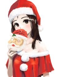Rule 34 | 1girl, absurdres, brown eyes, brown hair, christmas, dress, fur-trimmed dress, fur-trimmed headwear, fur trim, hat, highres, holding, holding mask, long hair, looking at viewer, mask, okura lino, original, red dress, red hat, santa dress, santa hat, santa mask, simple background, solo, white background