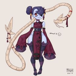 Rule 34 | 1girl, alternate costume, alternate hairstyle, bell, blue hair, blue skin, blush, chinese clothes, colored skin, hair ornament, hair over one eye, hayabusart, highres, leviathan (skullgirls), long sleeves, pelvic curtain, red eyes, side ponytail, skullgirls, smile, squigly (skullgirls), stitched mouth, stitches, striped clothes, striped thighhighs, tan background, thighhighs, wide hips