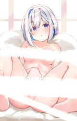Rule 34 | 1girl, :o, amane kanata, angel, asymmetrical bangs, asymmetrical hair, blue eyes, blue hair, blush, bob cut, collarbone, colored inner hair, completely nude, embarrassed, gradient eyes, hair over one eye, hololive, light censor, looking at viewer, lying, multicolored eyes, multicolored hair, nude, on back, on bed, paid reward available, parted lips, pink hair, purple eyes, pussy, shiitake taishi, short hair, silver hair, single hair intake, solo, spread legs, spread pussy, streaked hair, virtual youtuber