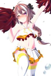Rule 34 | 1boy, armpits, astolfo (fate), blush, braid, cheerleader, clothes writing, crop top, crop top overhang, exxe mkii, fang, fate/apocrypha, fate (series), hair ribbon, highres, long hair, looking at viewer, male focus, midriff, miniskirt, navel, open mouth, pink hair, pom pom (cheerleading), purple eyes, ribbon, shoes, single braid, skirt, sleeveless, smile, sneakers, solo, thighhighs, trap