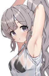 1girl aa211108 arm_behind_head armpits arms_up bikini bikini_under_clothes black_bikini blush breasts dot_nose eyelashes grey_hair highres idolmaster idolmaster_shiny_colors idolmaster_shiny_colors_song_for_prism large_breasts long_hair looking_at_viewer official_alternate_costume official_alternate_hairstyle parted_lips purple_eyes see-through see-through_shirt shirt side_ponytail sidelocks simple_background solo swimsuit upper_body wavy_hair wet wet_clothes wet_shirt white_background white_shirt yukoku_kiriko