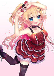 Rule 34 | 1girl, :d, akai haato, akai haato (gothic lolita), bare arms, bare shoulders, black thighhighs, blonde hair, blue eyes, blush, bow, breasts, chocomarybadend, collarbone, cross-laced clothes, dress, fang, hair bow, hair ornament, hairclip, heart, heart hands, heart necklace, hololive, jewelry, large breasts, leg up, long hair, lying, necklace, open mouth, playing card theme, red dress, skin fang, smile, solo, thighhighs, two side up, virtual youtuber, x hair ornament