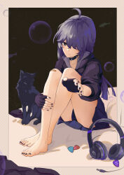 1girl absurdres ahoge bandaid bandaid_on_knee bandaid_on_leg bare_legs barefoot black_background black_nails blue_panties blue_skirt border cat closed_mouth feet fingerless_gloves full_body gloves grey_eyes hair_over_one_eye headphones highres hood hood_down hoodie knees_up legs long_hair long_sleeves looking_at_viewer miniskirt nail_polish original panties pleated_skirt plectrum purple_gloves purple_hair purple_hoodie shadow sitting skirt solo studded_choker toenail_polish toenails toes underwear unworn_headphones yueyueniao