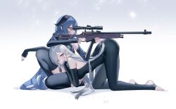 Rule 34 | 2girls, absurdres, aiming, all fours, artist name, ass, black thighhighs, blue hair, bodystocking, bolt action, commentary, curled horns, detached sleeves, english commentary, fingerless gloves, from side, full body, ganyu (genshin impact), genshin impact, gloves, gradient background, grey eyes, grey hair, gun, highres, holding, holding gun, holding weapon, horns, long hair, long sleeves, looking at viewer, looking to the side, multiple girls, no shoes, one eye closed, optical sight, red eyes, rifle, ringeko-chan, scope, shenhe (genshin impact), simple background, sleeves past wrists, sniper rifle, stirrup legwear, sv-98, thighhighs, toeless legwear, very long hair, weapon