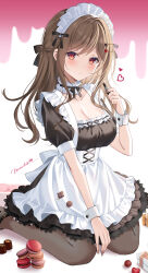 Rule 34 | 1girl, apron, black dress, black footwear, black pantyhose, blush, breasts, brown hair, brown nails, chocolate, cleavage, closed mouth, collarbone, commentary request, dress, food, frilled apron, frills, hand up, heart, highres, holding, long hair, looking at viewer, macaron, maid, maid headdress, medium breasts, myusha, nail polish, original, pantyhose, puffy short sleeves, puffy sleeves, red eyes, shoes, short sleeves, signature, sitting, solo, valentine, wariza, white apron, wrist cuffs