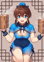 Rule 34 | 1girl, alternate hairstyle, bamboo steamer, baozi, blue eyes, breasts, brown hair, bun cover, china dress, chinese clothes, cleavage cutout, clothing cutout, collar, commentary, dress, food, frilled collar, frilled cuffs, frills, grey background, hair bun, high collar, highres, holding, idolmaster, idolmaster million live!, kamille (vcx68), kneeling, lattice, looking at viewer, medium breasts, open mouth, revision, satake minako, short dress, short sleeves, side slit, sidelocks, single hair bun, smile, solo, steam