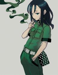 Rule 34 | 1boy, breast press, cigarette, closed mouth, copyright request, cowboy shot, green eyes, green hair, green pants, green shirt, grey background, hand up, highres, holding, holding cigarette, long hair, male focus, pants, reiesu (reis), shirt, short sleeves, simple background, smoking, solo, standing