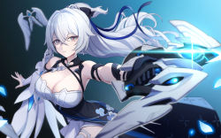 Rule 34 | 1girl, absurdres, arched back, arm ribbon, armor, armpits, bare shoulders, black dress, black gloves, breasts, bronya zaychik, bronya zaychik (silverwing: n-ex), cleavage, closed mouth, dress, drone, glint, gloves, gradient background, grey eyes, gun, hair ribbon, half updo, highres, holding, holding gun, holding weapon, honkai (series), honkai impact 3rd, jiachong jun z, large breasts, outstretched arms, pauldrons, ribbon, shoulder armor, single pauldron, sleeveless, sleeveless dress, solo, weapon, white hair