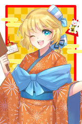 Rule 34 | 1girl, alternate costume, blonde hair, blue eyes, bow, braid, coin, fire emblem, fire emblem: genealogy of the holy war, gold, hagoita, hair bow, highres, japanese clothes, kimono, koban (gold), looking at viewer, maneki-neko, manngoham, nintendo, one eye closed, open mouth, paddle, patty (fire emblem), solo, teeth, upper teeth only, wide sleeves