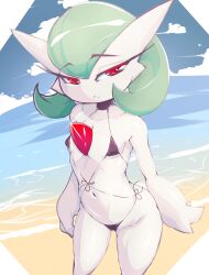 Rule 34 | 1girl, absurdres, areola slip, arms at sides, bare shoulders, beach, black one-piece swimsuit, blue sky, bob cut, breasts, cloud, collarbone, colored skin, creatures (company), day, female focus, fir3born, front-tie one-piece swimsuit, game freak, gardevoir, gen 3 pokemon, glint, green hair, groin, half-closed eyes, highres, horizon, looking at viewer, multi-strapped bikini top, navel, nintendo, ocean, one-piece swimsuit, outdoors, parted lips, pokemon, pokemon (creature), raised eyebrows, red eyes, sand, short hair, side-tie one-piece swimsuit, sky, small breasts, solo, standing, stomach, swimsuit, teeth, thighs, water, white skin