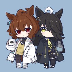 Rule 34 | 2girls, agnes tachyon (umamusume), ahoge, animal ears, black gloves, black jacket, black legwear, black shirt, black skirt, blue background, boots, brown hair, chibi, closed mouth, collared shirt, commentary, cup, flask, full body, gloves, hair over one eye, highres, holding, holding cup, horse ears, horse girl, horse tail, jacket, lab coat, long hair, long sleeves, looking at viewer, manhattan cafe (umamusume), mug, multiple girls, necktie, nozo (hitomiz), open clothes, open jacket, pantyhose, pleated skirt, puffy long sleeves, puffy sleeves, red eyes, round-bottom flask, shirt, shoes, short necktie, simple background, skirt, sleeves past fingers, sleeves past wrists, star (symbol), sweater vest, symbol-only commentary, tail, umamusume, uwabaki, very long hair, white footwear, white hair, yellow eyes, yellow necktie