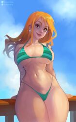 Rule 34 | 1girl, against railing, arms behind back, bikini, breasts, cloud, cloudy sky, commentary, day, earrings, english commentary, green bikini, highres, jewelry, kate starling, large breasts, lips, long hair, looking at viewer, nami (one piece), narrow waist, one piece, orange eyes, orange hair, railing, shoulder tattoo, sideboob, sky, smile, solo, sphere earrings, strap gap, striped bikini, striped clothes, swimsuit, tattoo, thick thighs, thighs, underboob, wide hips