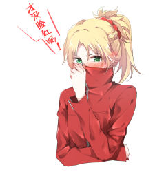 Rule 34 | 1girl, blonde hair, blush, covering face, embarrassed, fate/apocrypha, fate (series), full-face blush, gemi 25, green eyes, hair ornament, hair scrunchie, highres, medium hair, mordred (fate), mordred (fate/apocrypha), ponytail, scrunchie, solo, spiked hair, translation request, upper body