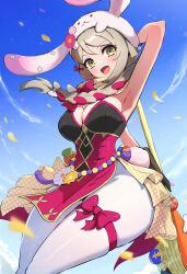 Rule 34 | 1girl, absurdres, animal ears, animal hat, ankle ribbon, anklet, armpits, axe, bare arms, blue sky, blush, braid, braided ponytail, breasts, brown eyes, brown hair, carrot, cleavage, easter, easter egg, egg, falling petals, fire emblem, fire emblem engage, fire emblem heroes, flower ornament, framme (fire emblem), framme (spring) (fire emblem), gonzarez, hat, highres, holding, holding axe, jewelry, large breasts, leg ribbon, looking at viewer, multicolored hair, nintendo, open mouth, pantyhose, petals, rabbit ears, rabbit hat, rabbit tail, ribbon, sky, smile, solo, tail, two-tone hair, white pantyhose