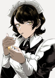 Rule 34 | 1girl, apron, black dress, black hair, breasts, cigarette, collared shirt, dress, fire, fire, fufu (fufuichi04), highres, holding, lighter, lighting cigarette, long sleeves, looking to the side, maid, maid headdress, original, shirt, short hair, smoking, solo, upper body, white apron, white background, yellow eyes