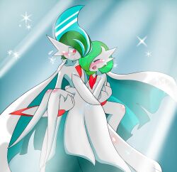 Rule 34 | 1boy, 1girl, absurdres, bare shoulders, blue background, blue hair, blush, bob cut, bright pupils, cape, carrying, closed eyes, closed mouth, collarbone, colored skin, creatures (company), crying, dress, elbow gloves, flat chest, full body, gallade, game freak, gardevoir, gen 3 pokemon, gen 4 pokemon, gloves, green hair, hair over one eye, hand on another&#039;s chest, hands up, happy, hetero, highres, kanimiso na double, knees together feet apart, legs, looking at another, mega gallade, mega gardevoir, mega pokemon, mohawk, multicolored hair, nintendo, nose blush, one eye covered, open mouth, pokemon, pokemon (creature), princess carry, raised eyebrows, red eyes, short hair, smile, sparkle, split mouth, strapless, strapless dress, tears, two-sided cape, two-sided fabric, two-tone hair, white cape, white dress, white gloves, white pupils, white skin