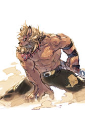 Rule 34 | 1boy, abs, absurdres, arm behind back, armband, bare shoulders, belt, black pants, blonde hair, blue eyes, claws, clenched teeth, commentary, cowboy shot, digimon, digimon (creature), dust, ear piercing, from side, furry, furry male, highres, holding, holding weapon, leomon, lion mane, looking to the side, male focus, muscular, muscular male, navel, no humans, p!k@ru, pants, pectoral cleavage, pectorals, piercing, scar, scar across eye, scar on face, sharp teeth, simple background, solo, teeth, topless male, weapon, white background