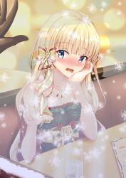 Rule 34 | 1girl, 1other, bare arms, bare shoulders, blonde hair, blue eyes, blush, bow, breasts, brown bow, brown gloves, christmas, cleavage, collarbone, condensation, couch, cup, dress, drinking glass, from outside, gloves, hair bow, hands up, highres, iseshi, jewelry, long hair, looking at viewer, medium breasts, necklace, nose blush, on couch, open mouth, princess connect!, red dress, saren (christmas) (princess connect!), saren (princess connect!), solo focus, strapless, strapless dress, table, very long hair, water, wavy mouth, window fog