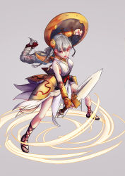 Rule 34 | 1girl, armor, armored dress, bow, braid, chelonia, collarbone, dress, full body, hair bow, hair ornament, holding, light valkyrie (p&amp;d), long hair, open mouth, puzzle &amp; dragons, red eyes, shield, silver background, silver hair, simple background, single braid, solo, sword, twin braids, valkyrie, valkyrie (p&amp;d), vambraces, weapon, white dress, wings