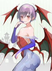 Rule 34 | 1girl, animal print, bare shoulders, bat print, bat wings, blue pantyhose, bridal gauntlets, collarbone, flat chest, green background, hair between eyes, head wings, highres, lilith aensland, looking at viewer, pantyhose, pupps, purple hair, red eyes, short hair, smile, solo, striped, thick thighs, thighs, vampire (game), vertical stripes, wings