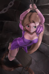 Rule 34 | 1girl, absurdly long hair, arms up, barefoot, bdsm, blush, bondage, bound, breasts, brown hair, cleavage, clenched teeth, dress, dungeon, feet, green eyes, highres, long hair, purple dress, rapunzel (disney), restrained, rope, sharpffffff, shibari, solo, tagme, tangled, teeth, torn clothes, torn dress, very long hair, wooden horse