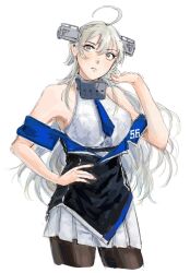 Rule 34 | 1girl, ahoge, bare shoulders, black pantyhose, blue necktie, breasts, cropped legs, grey eyes, grey hair, hair between eyes, hand on own hip, headgear, highres, kantai collection, large breasts, long hair, looking at viewer, necktie, nidou, pantyhose, pleated skirt, simple background, skirt, solo, washington (kancolle), white background, white skirt