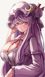 Rule 34 | 1girl, absurdres, backlighting, blush, breasts, capelet, clapping, commentary request, crescent, crescent hat ornament, dress, frilled capelet, frilled sleeves, frills, frown, hat, hat ornament, highres, huge breasts, long hair, long sleeves, looking at another, mahoro (minase mahoro), mob cap, nail polish, neck ribbon, patchouli knowledge, pink hat, purple capelet, purple eyes, purple hair, purple nails, red ribbon, ribbon, simple background, solo, striped clothes, striped dress, touhou, upper body, vertical-striped clothes, vertical-striped dress, very long hair, white background