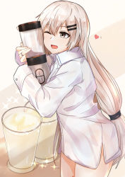 Rule 34 | 1girl, absurdres, coffee cup, coffee maker, cup, disposable cup, feet out of frame, girls&#039; frontline, grey eyes, heart, heart print, highres, holding, jewelry, long hair, looking away, muteppona hito, one eye closed, open mouth, ring, shirt, silver hair, simple background, solo, standing, svd (girls&#039; frontline), white shirt