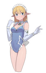 Rule 34 | 1girl, bare shoulders, blonde hair, blue eyes, blue leotard, breasts, covered navel, cowboy shot, cropped legs, elbow gloves, elf, frilled leotard, frills, gloves, hair between eyes, highres, leotard, long hair, looking at viewer, maid headdress, medium breasts, original, parted lips, pointy ears, saiste, simple background, solo, thigh gap, thighs, v, white background, white gloves