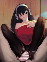 Rule 34 | 1boy, 1girl, absurdres, bar censor, black hair, black pantyhose, breasts, censored, dress, earrings, feet, footjob, gold earrings, hair down, hairband, hetero, highres, jewelry, large breasts, long hair, long sleeves, nail polish, off-shoulder sweater, off shoulder, pantyhose, penis, puk (higanbana doujin), red eyes, red nails, red sweater, solo focus, spy x family, sweater, sweater dress, white hairband, yor briar