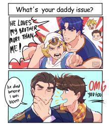 Rule 34 | 2koma, 6+boys, 7aizagatha, battle tendency, blonde hair, blue eyes, blue hair, brown hair, chibi, chibi inset, closed eyes, comic, commentary, dio brando, english commentary, english text, father and son, george joestar ii, highres, horseshoe ornament, johnny joestar, jojo no kimyou na bouken, jonathan joestar, joseph joestar, joseph joestar (young), male focus, multiple boys, nicholas joestar, open mouth, phantom blood, pointing, pointing at viewer, restrained, signature, steel ball run