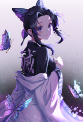 Rule 34 | 1girl, absurdres, amaroku neko, black hair, breasts, bug, butterfly, butterfly hair ornament, commentary request, crying, crying with eyes open, hair ornament, haori, highres, insect, japanese clothes, kimetsu no yaiba, kimono, kochou shinobu, large breasts, long sleeves, looking at viewer, off shoulder, parted bangs, purple eyes, smile, solo, tears