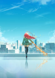 Rule 34 | 1girl, absurdres, ahoge, black thighhighs, blue sky, building, city, cityscape, fire, from behind, green sailor collar, green serafuku, green skirt, harina taku, highres, holding, holding sword, holding weapon, long hair, long sleeves, misaki high school uniform, outdoors, red hair, reflection, reflective floor, rooftop, sailor collar, scenery, school uniform, serafuku, shakugan no shana, shana, skirt, sky, skyscraper, solo, sword, thighhighs, walking, weapon, zettai ryouiki