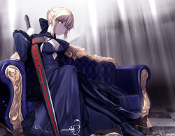 Rule 34 | 1girl, artoria pendragon (all), artoria pendragon (fate), black dress, black legwear, black ribbon, blonde hair, breasts, checkered floor, cleavage, couch, crossed arms, dress, excalibur morgan (fate), fate/stay night, fate (series), frills, hair ribbon, highres, looking at viewer, pale skin, ribbon, saber alter, sitting, solo, untue, yellow eyes