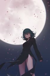 Rule 34 | 1girl, absurdres, bare legs, black dress, closed mouth, curly hair, dress, flipped hair, from below, frown, green eyes, green hair, highres, long sleeves, maredoro, matching hair/eyes, moon, motion blur, night, night sky, one-punch man, outdoors, petals, short hair, side slit, sky, sleeves past wrists, solo, swept bangs, tatsumaki, wind