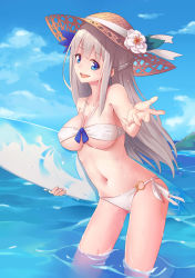 Rule 34 | 1girl, :d, absurdres, bandeau, bikini, blue eyes, blue sky, breasts, cleavage, cloud, day, flower, grey hair, hair flower, hair ornament, half updo, hat, highres, large breasts, lexington (warship girls r), long hair, looking at viewer, migimura sakimori, navel, o-ring, o-ring bottom, open mouth, sky, smile, solo, strapless, straw hat, surfboard, swimsuit, underboob, wading, warship girls r, water, wet, white bikini