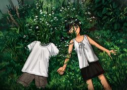 Rule 34 | 1girl, absurdres, bare arms, black hair, black skirt, blue eyes, bush, commentary request, covered mouth, day, flower, from above, grass, highres, looking at viewer, lying, myango (applemangocrape), on back, on ground, original, outdoors, shirt, short hair, shorts, skirt, sleeveless, sleeveless shirt, solo, unworn shirt, unworn shorts, white flower, white shirt
