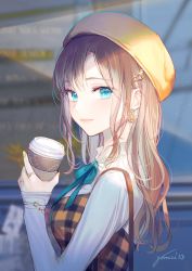 Rule 34 | 1girl, bag, blue eyes, blurry, blurry background, blush, bracelet, breasts, brown hair, closed mouth, collared shirt, cup, disposable cup, earrings, facing away, gold earrings, gold nails, gomzi, green ribbon, hair ornament, hairclip, hat, heart, holding, holding cup, jewelry, long hair, long sleeves, looking at viewer, medium breasts, neck ribbon, orange hat, original, outdoors, parted bangs, plaid, plaid shirt, ribbon, ring, shirt, shoulder bag, sidelocks, signature, sleeves past wrists, smile, solo, sparkle, standing, sunlight, upper body, white shirt