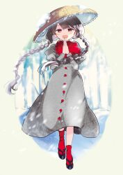 Rule 34 | 1girl, ajirogasa, black hair, braid, brown hat, buttons, capelet, dress, frilled hat, frills, grey dress, hat, highres, long earlobes, long hair, long sleeves, okobo, open mouth, own hands together, palms together, poprication, red capelet, red eyes, sandals, smile, snow, snow on headwear, solo, strange creators of outer world, touhou, twin braids, yatadera narumi