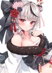 Rule 34 | 1girl, absurdres, breasts, cleavage, grey hair, highres, hololive, holox, long hair, looking at viewer, medium breasts, multicolored hair, null maru, official alternate costume, red eyes, sakamata chloe, solo, streaked hair, virtual youtuber