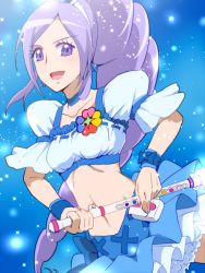 Rule 34 | 00s, 1girl, aono miki, blue background, blue skirt, choker, cure berry, drill hair, earrings, eyelashes, fresh precure!, frilled skirt, frills, hair ornament, hairband, happy, jewelry, long hair, looking at viewer, magical girl, midriff, navel, open mouth, ponytail, precure, puffy sleeves, purple eyes, purple hair, ribbon, shirt, side ponytail, skirt, smile, solo, tj-type1