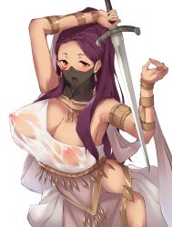 Rule 34 | 1girl, breasts, brown eyes, cleavage, commission, covered erect nipples, dancer, dancer (fire emblem: three houses), fire emblem, fire emblem: three houses, fluegel (kaleido scope-710), highres, large breasts, long hair, looking at viewer, mouth veil, naughty face, nintendo, nipples, open mouth, petra macneary, purple hair, see-through, skeb commission, solo, sword, thighs, veil, weapon, white background