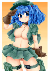 Rule 34 | 1girl, blue eyes, blue hair, blush, breasts, choker, cleavage, female focus, gloves, hair bobbles, hair ornament, hat, kawashiro nitori, key, large breasts, matching hair/eyes, okiraku nikku, open clothes, open shirt, pouch, revealing clothes, salute, shirt, short hair, solo, thigh strap, touhou, twintails, two side up