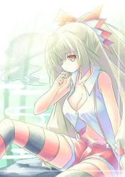 Rule 34 | 1girl, adapted costume, bow, breasts, cigarette, cleavage, female focus, fujiwara no mokou, hair bow, hair ribbon, kibushi, large breasts, long hair, multicolored clothes, multicolored legwear, red eyes, ribbon, shorts, silver hair, smoking, solo, striped clothes, striped thighhighs, suspenders, thighhighs, touhou