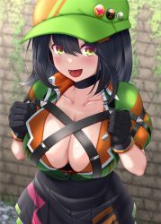 Rule 34 | 1girl, asahoshi mei, black hair, breasts, cleavage, gloves, hat, highres, large breasts, open mouth, skirt, solo, strelka belca, sweat, virtual youtuber