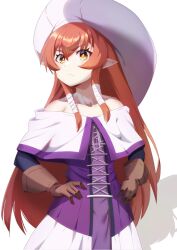 Rule 34 | 1girl, bare shoulders, brown gloves, closed mouth, cowboy shot, dress, gloves, hands on own hips, helck, large hat, light blush, long hair, long sleeves, looking at viewer, off-shoulder dress, off shoulder, pointy ears, purple dress, red hair, rei k 79, simple background, solo, vermilio (helck), white background, white headwear, yellow eyes